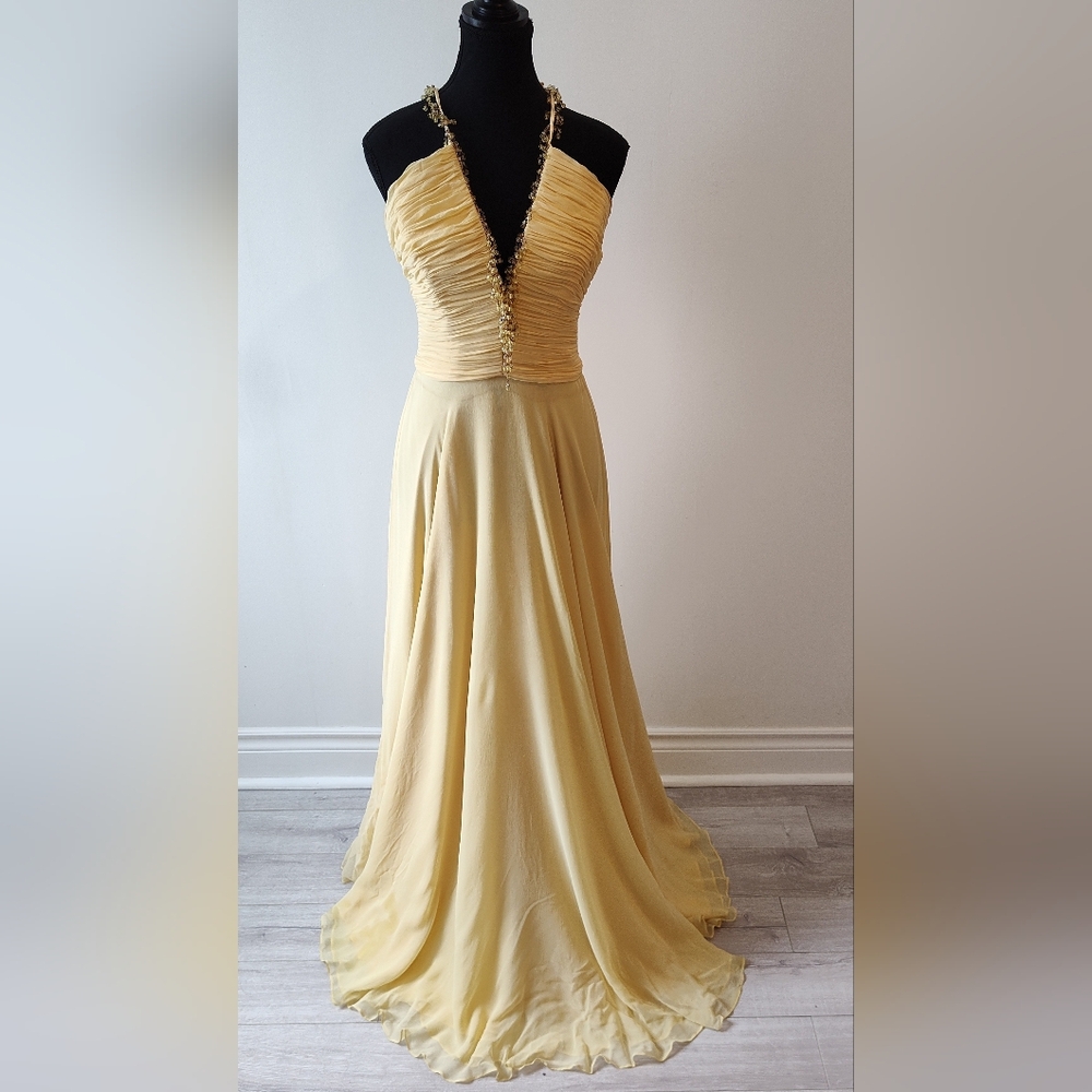 Yellow silk gown from Wayne Clark